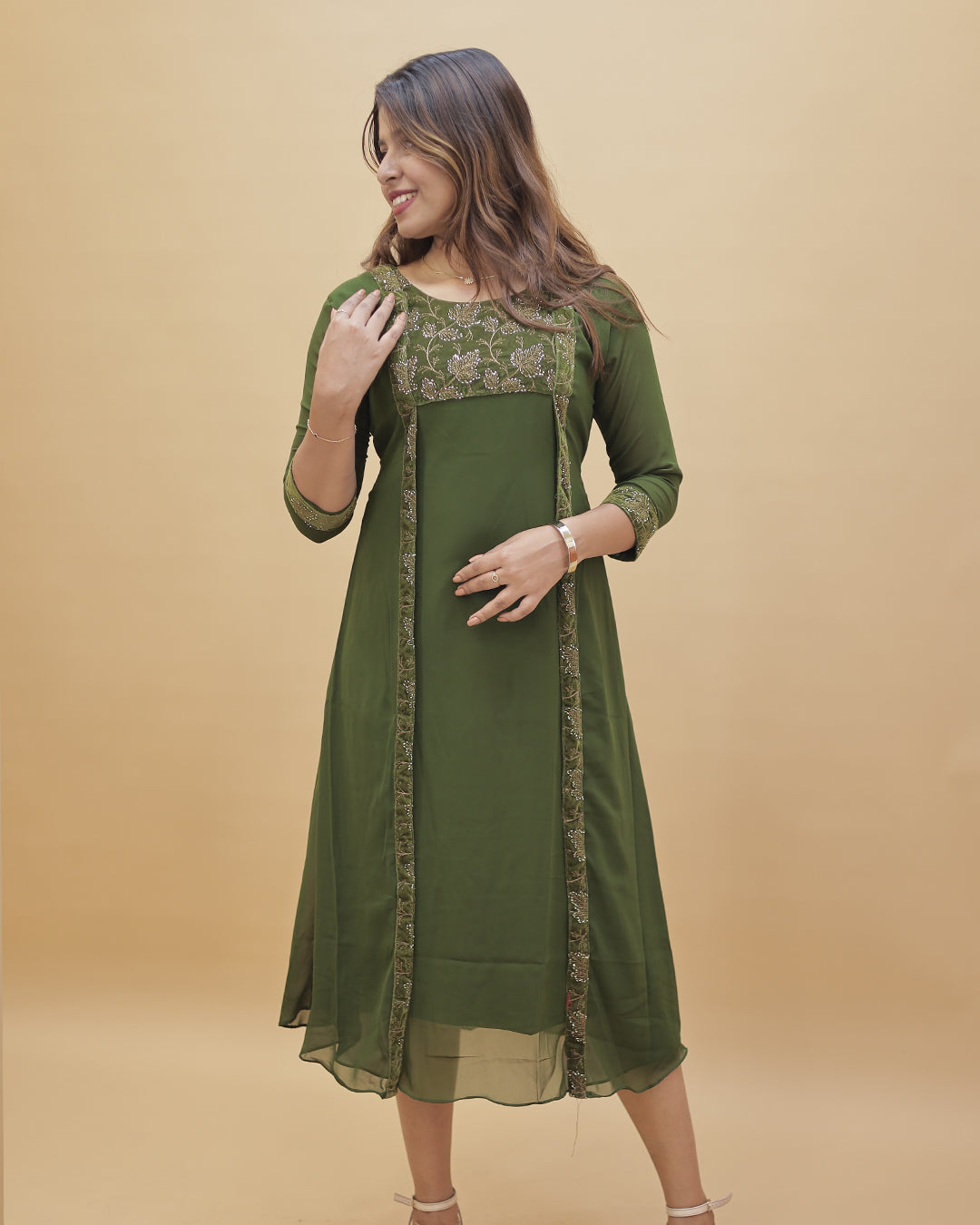 Women’s Georgette Jacket-Style Kurti with Velvet Embroidery-R547