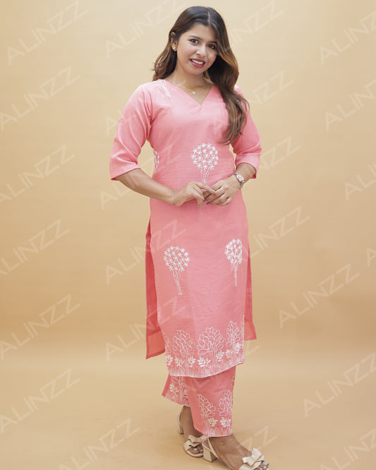 Popcorn Fabric Floral Embroidered Co-ord Set – R551