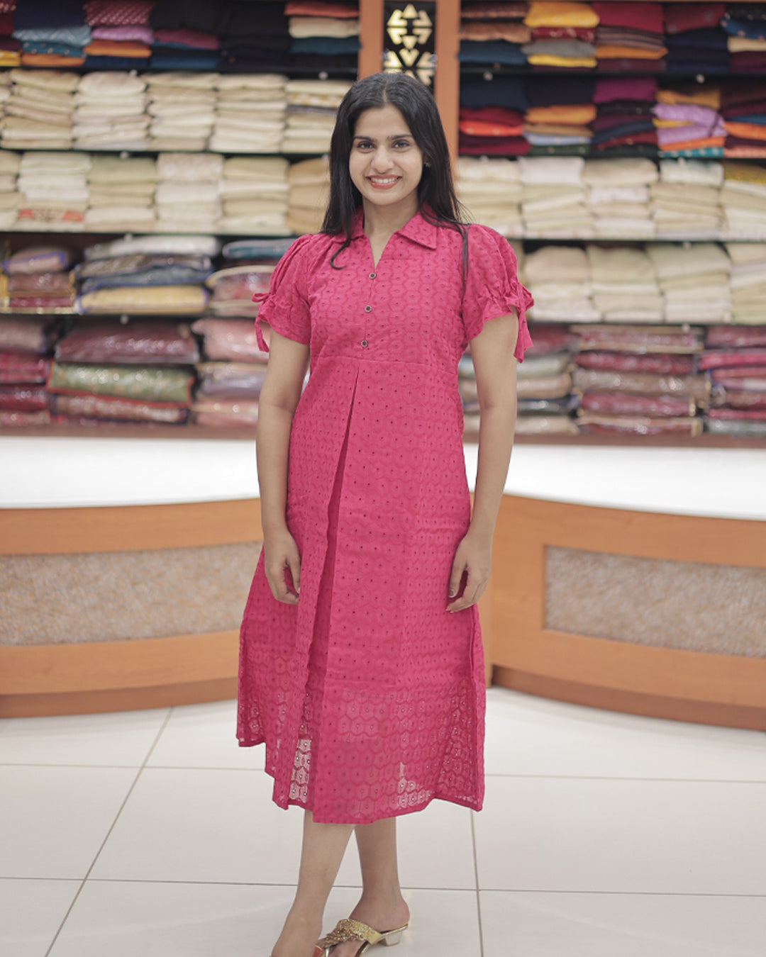 Hakoba Cotton Floral Design Frock with Puff Sleeves – R540