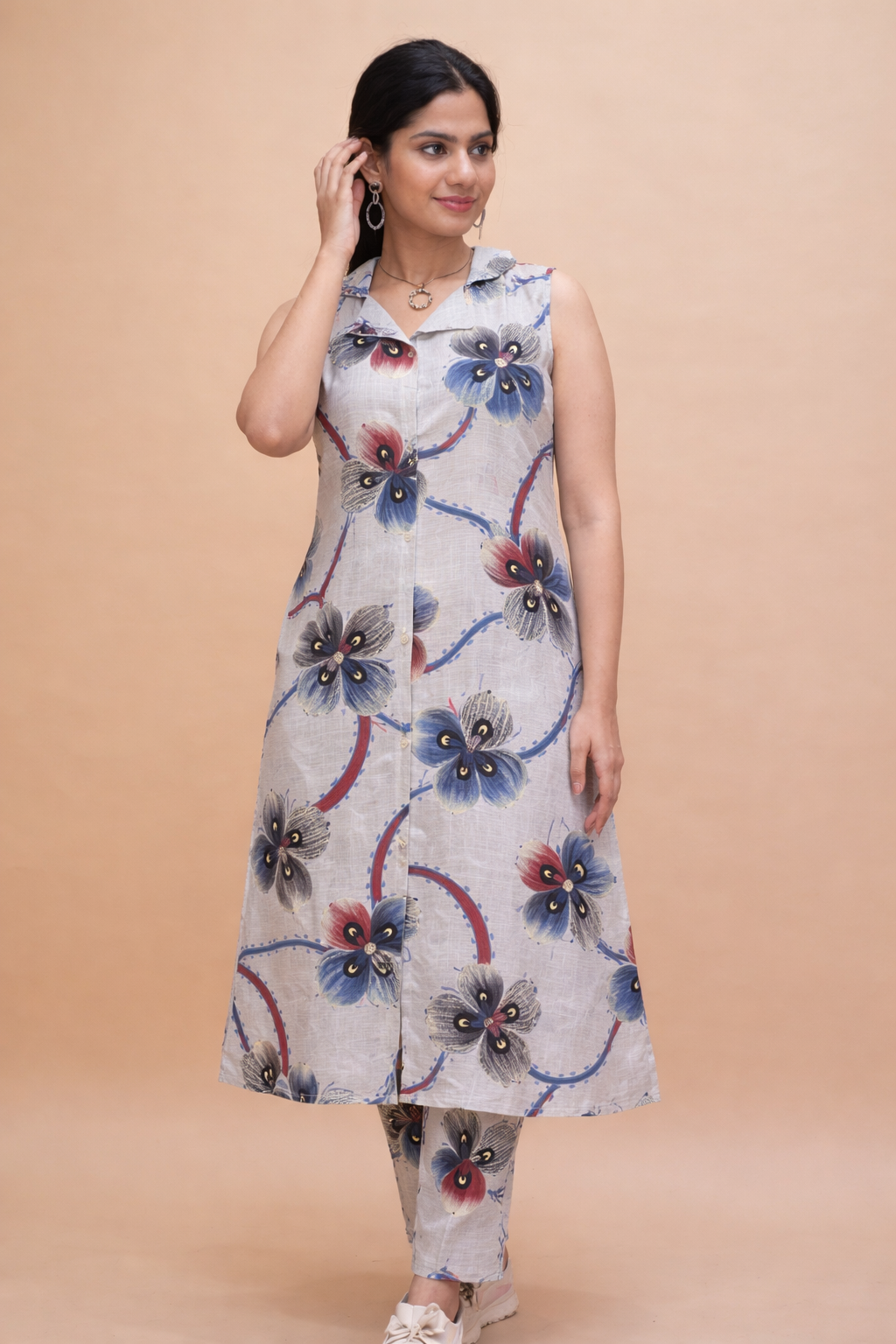 Vertical Fabric Floral Print A-Line Co-ord Set – R.R502