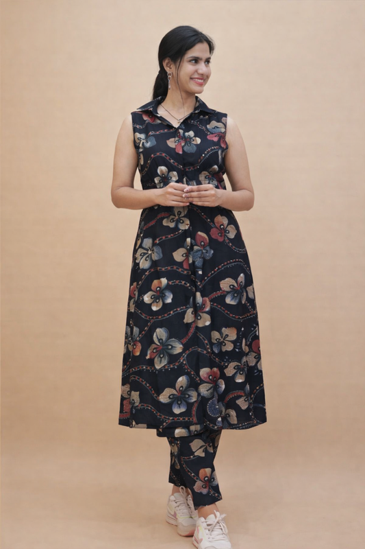 Vertical Fabric Floral Print A-Line Co-ord Set – R.R502