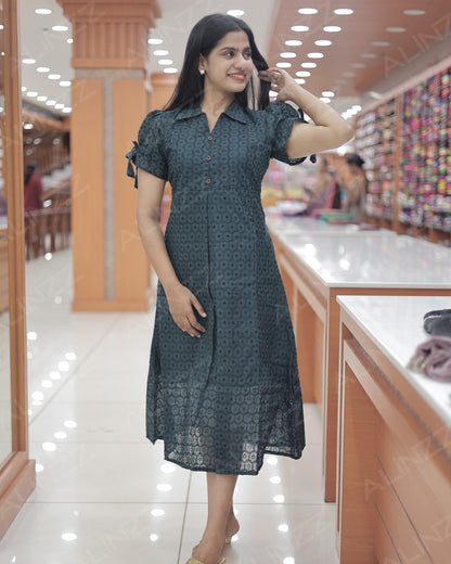 Hakoba Cotton Floral Design Frock with Puff Sleeves – R540