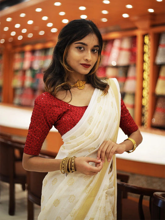 Kerala Tissue Net Set Saree - ESR114, 1298