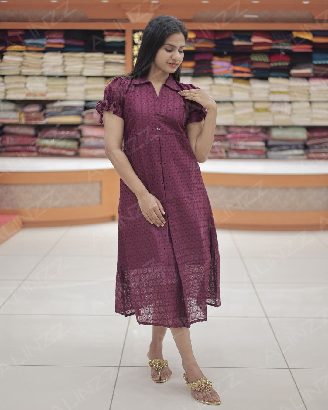 Hakoba Cotton Floral Design Frock with Puff Sleeves – R540