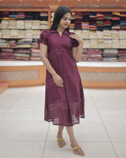 Hakoba Cotton Floral Design Frock with Puff Sleeves – R540