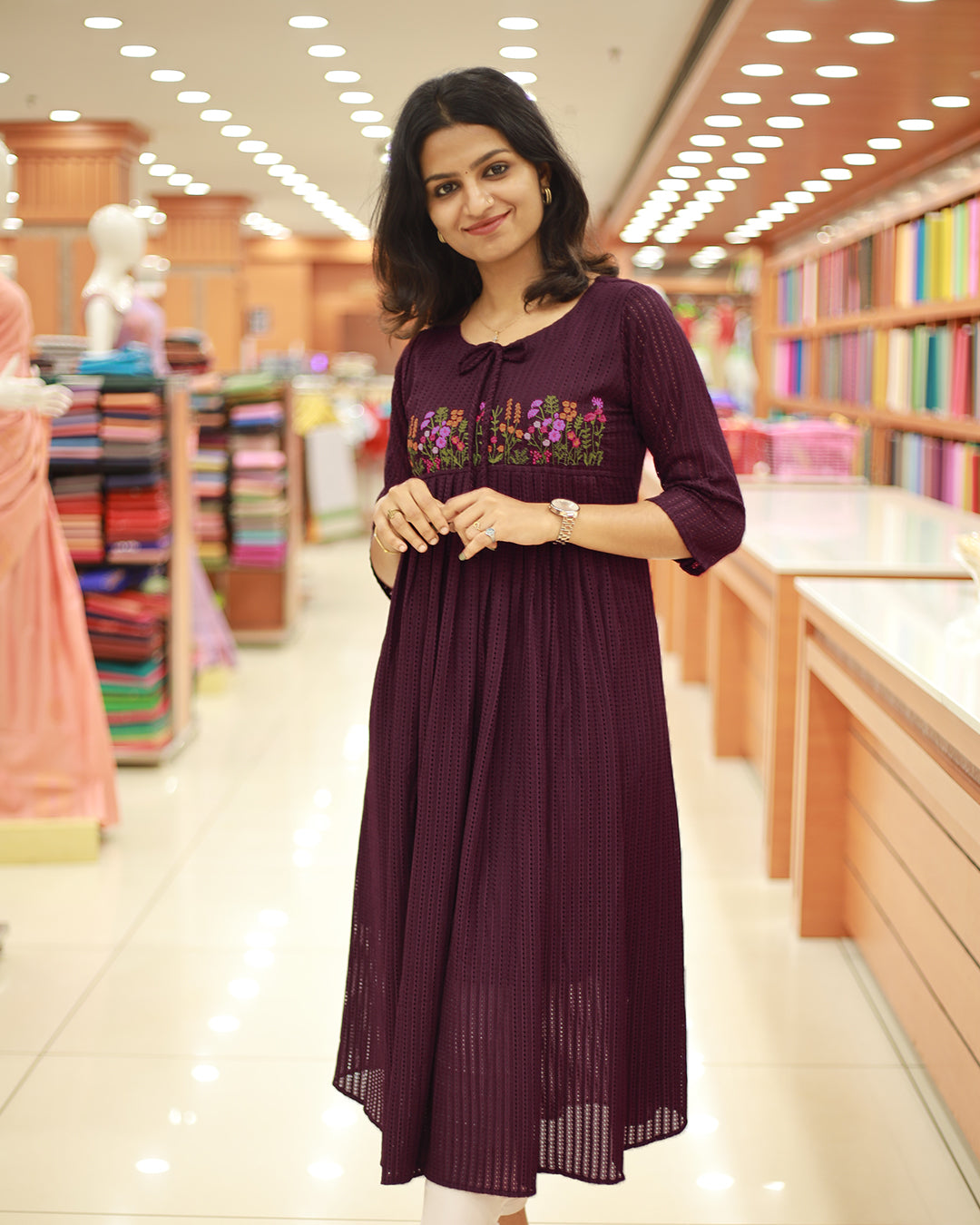 Women's Imported Hakoba Kurti with Floral Embroidery- 1258